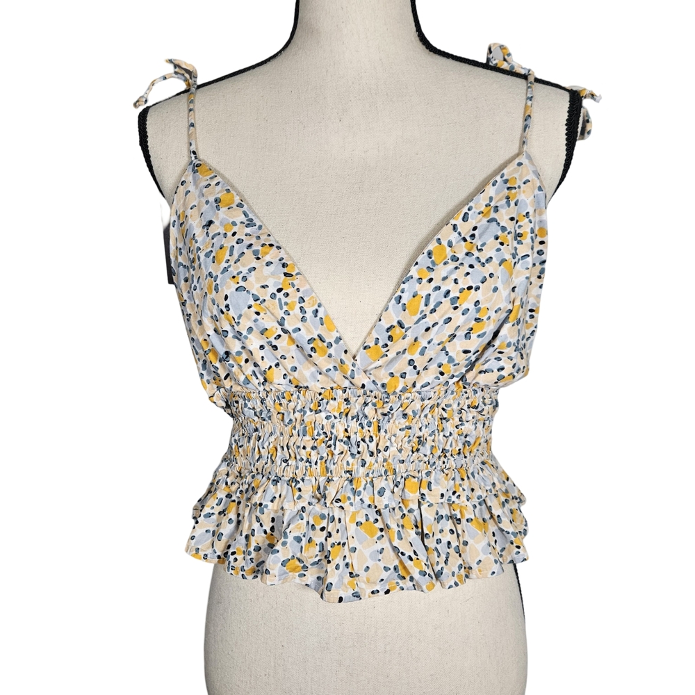 Sim & Sam Ruffle Multi Color Crop Top, Yellow/Blue/Ivory, XL